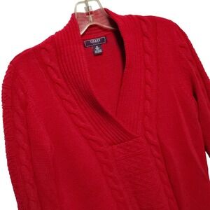 Chaps Denim‎ Women's Red Cable Knit V Neck Sweater Size Medium Cotton Acrylic